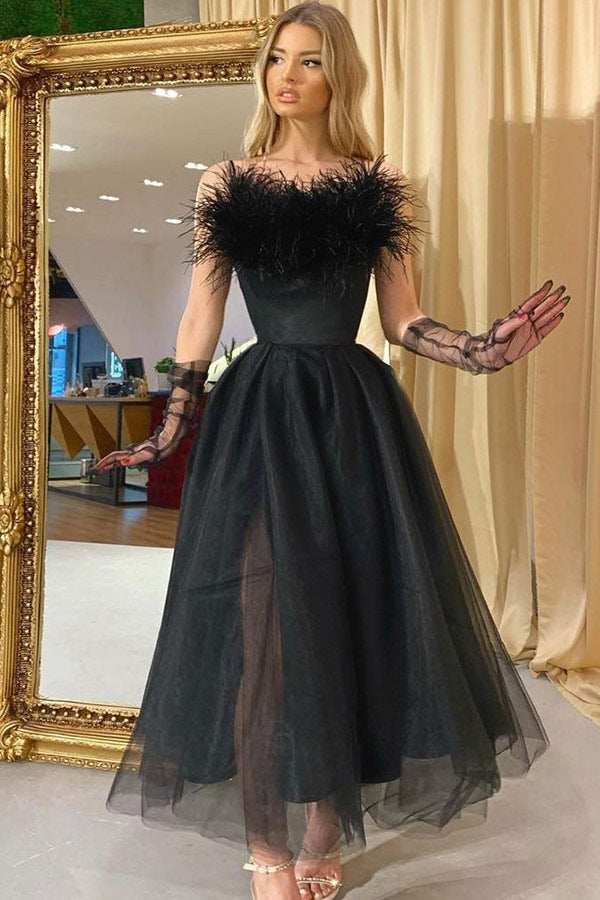 Black A-line Strapless Feather Midi Party Dress