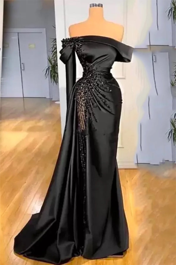 Black Off-the-shoulder Beaded Evening Dress Formal Gown
