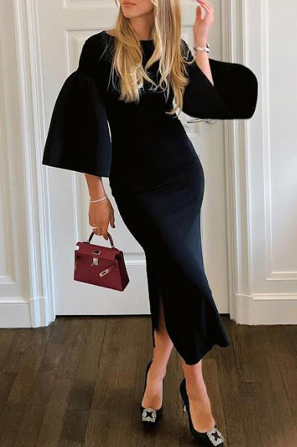 Black Fitted Long Sleeves Party Midi Dress