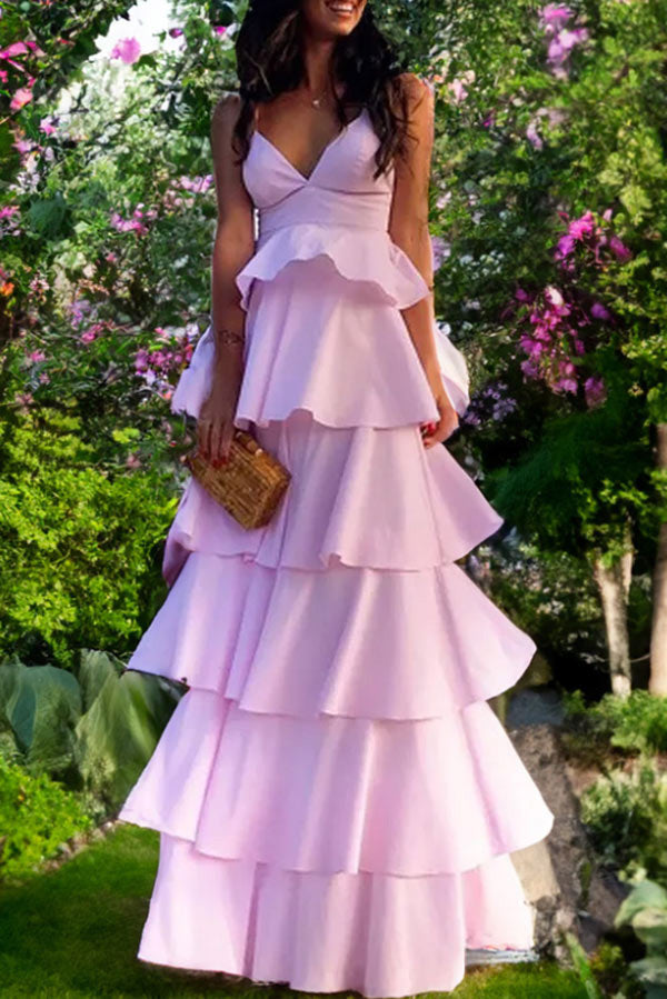Chic Pink V-neck Backless A-line Princess Prom Dress