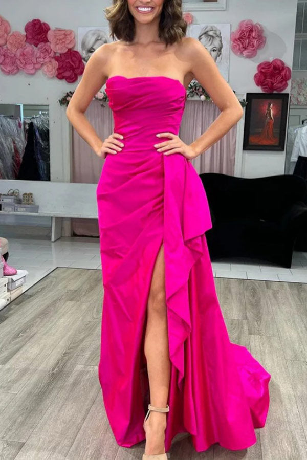 Chic Fuchsia Strapless Corset High Slit Formal Dress