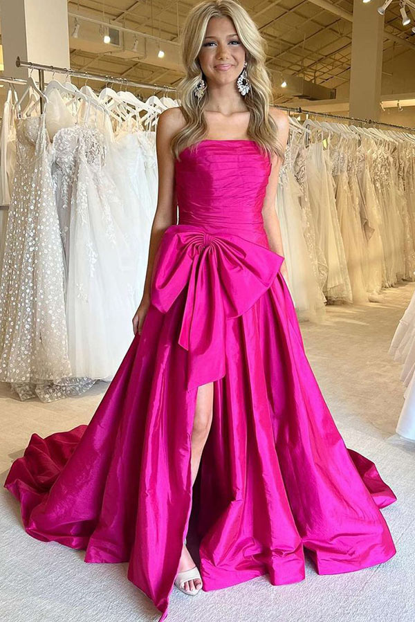 Chic Fuchsia Strapless High Slit Bow Formal Dress