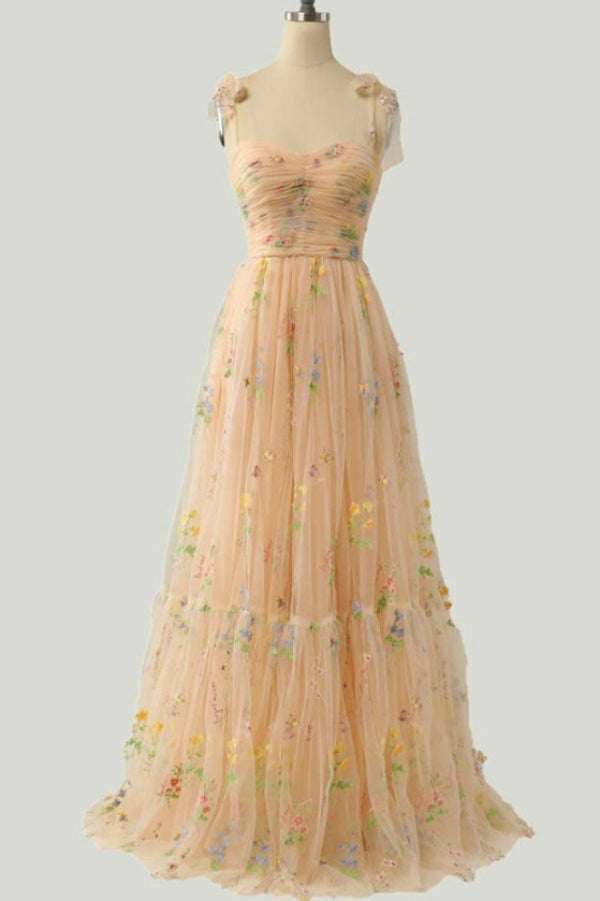 A-Line Tulle Sleeveless Embroidered Prom Gown Evening Dress