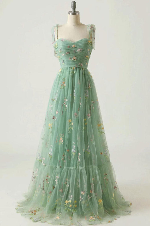 A-Line Tulle Sleeveless Embroidered Prom Gown Evening Dress