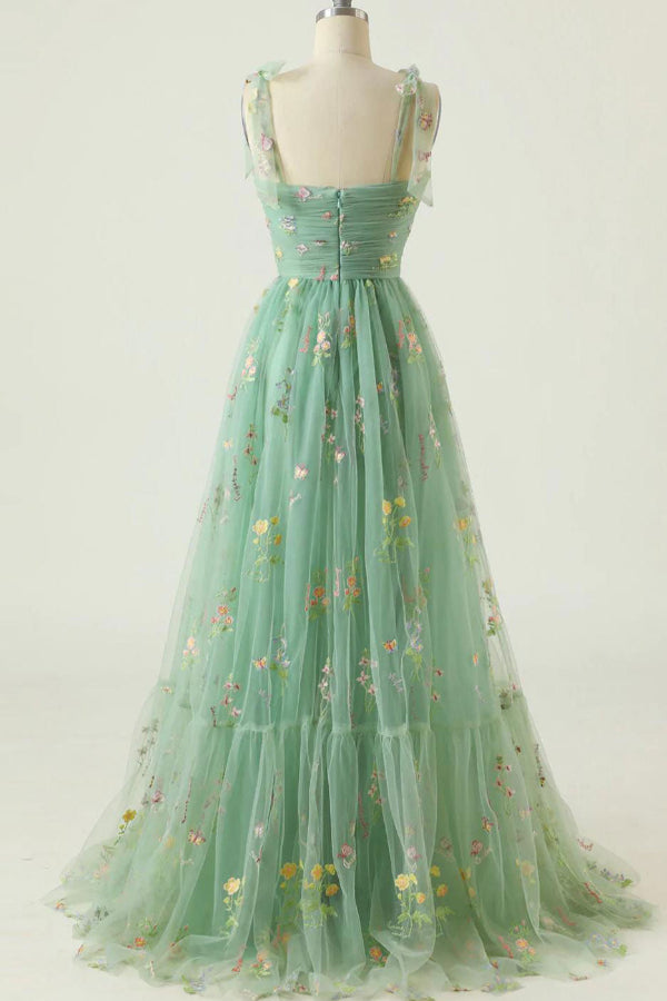 A-Line Tulle Sleeveless Embroidered Prom Gown Evening Dress