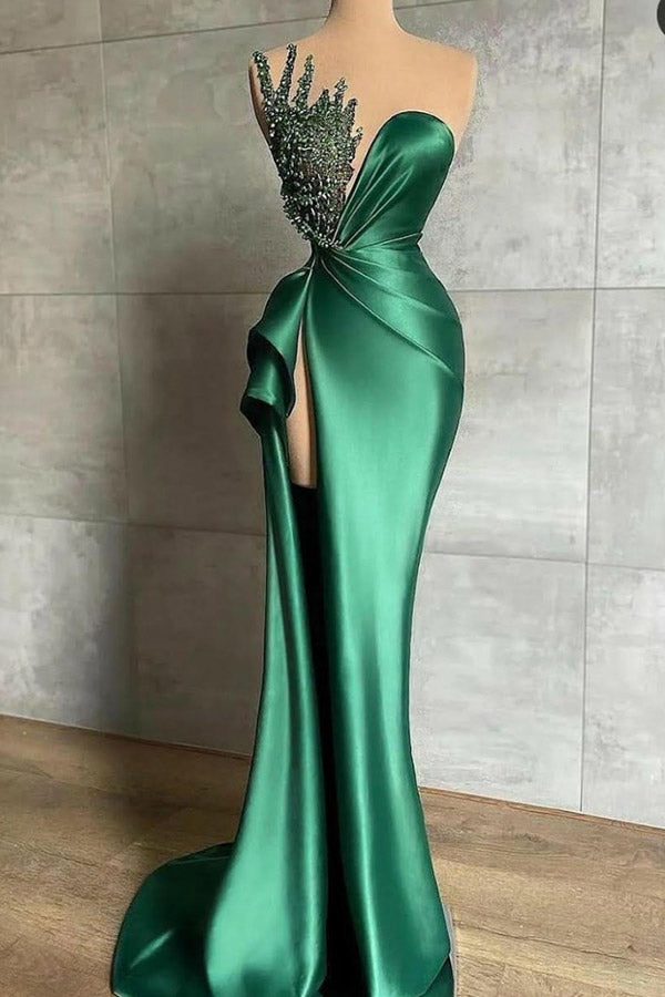 Emerald Green Sexy High Slit One-shoulder Beaded Prom Dress
