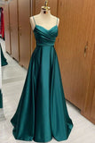Green A-Line Spaghetti Straps Satin Evening Prom Dress