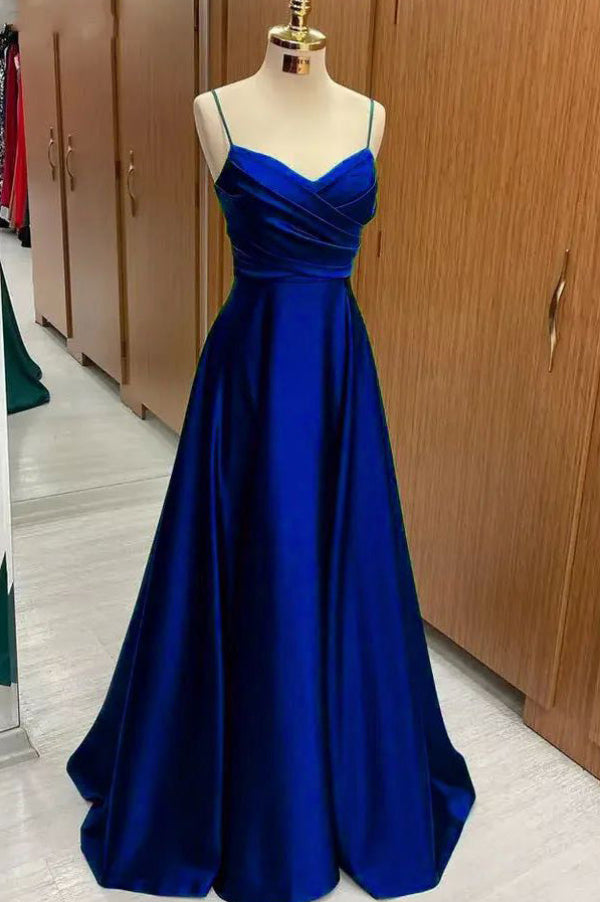 A-Line Spaghetti Straps Satin Evening Prom Dress