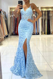 Light Sky Blue Lace Thigh-high Slit Mermaid Prom Dress