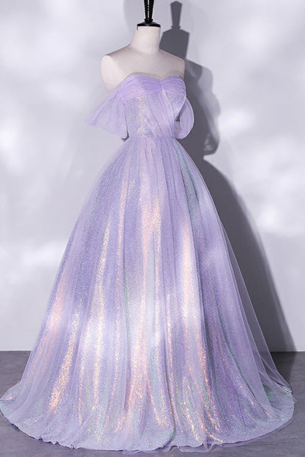 Lilac Sparkly Off Shoulder A-line Evening Gown Prom Dress