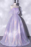 Lilac Sparkly Off Shoulder A-line Evening Gown Prom Dress