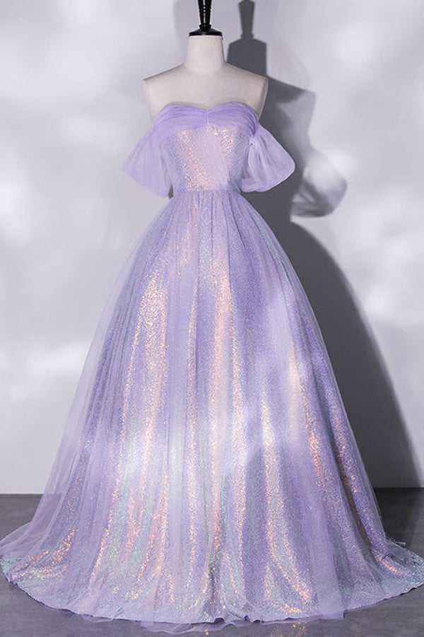 Lilac Sparkly Off Shoulder A-line Evening Gown Prom Dress