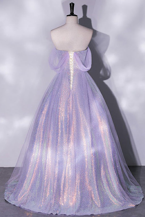 Lilac Sparkly Off Shoulder A-line Evening Gown Prom Dress