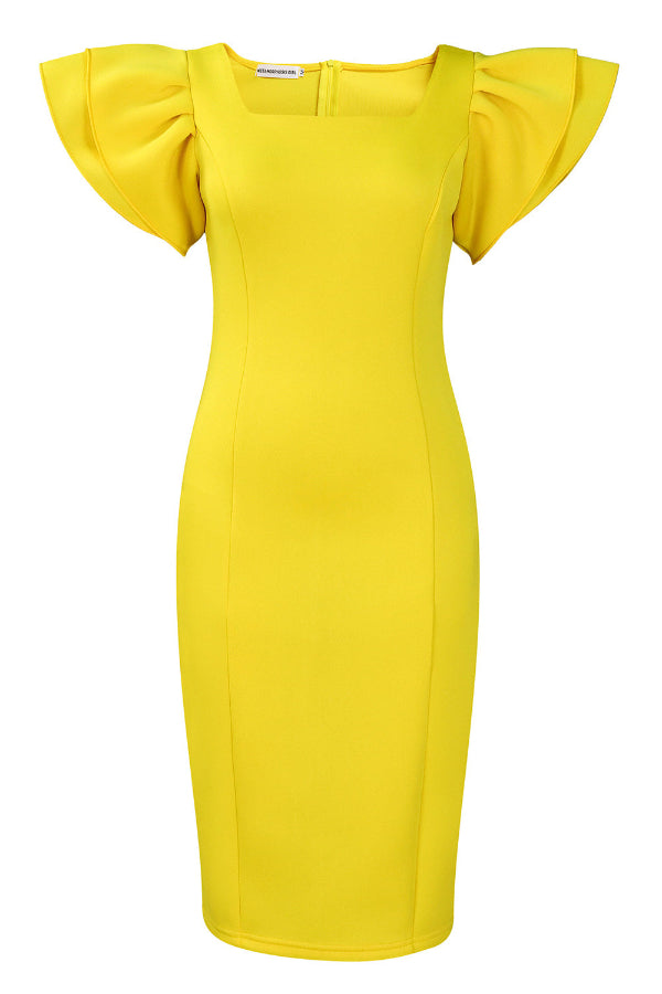 Square Neckline Fitted Midi Bodycon Dress