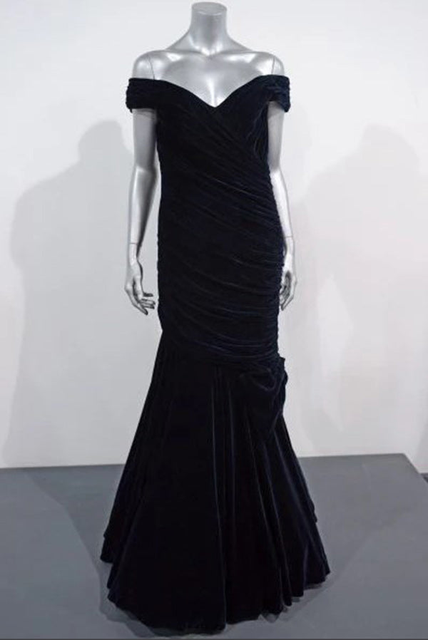 Dark Navy Velvet Mermaid Ruffled Off-the-shoulder Prom Dress