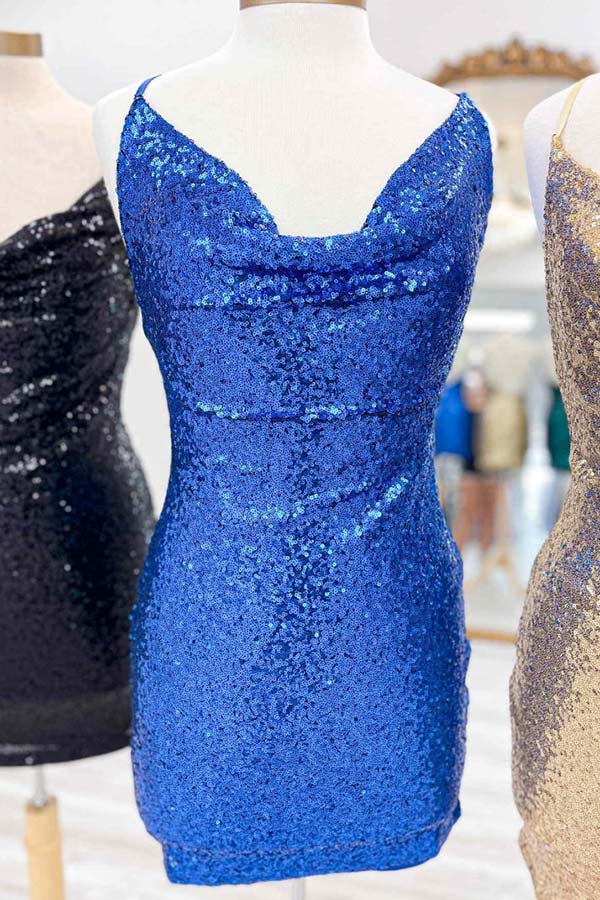 Sequined Sparkly Cowl Neck Bodycon Mini Dress