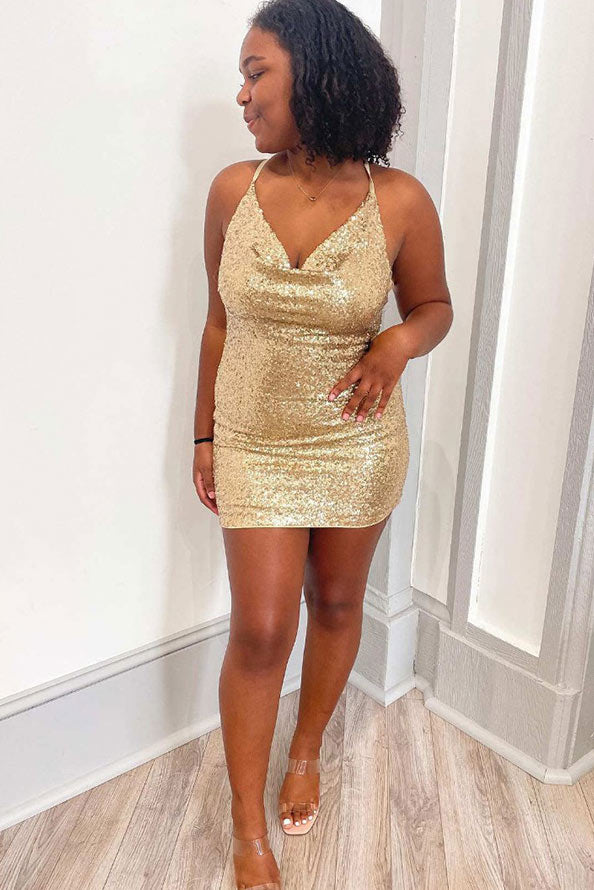 Sequined Sparkly Cowl Neck Bodycon Mini Dress