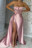 Sexy Blushing Pink Strapless High Slit Corset Prom Dress