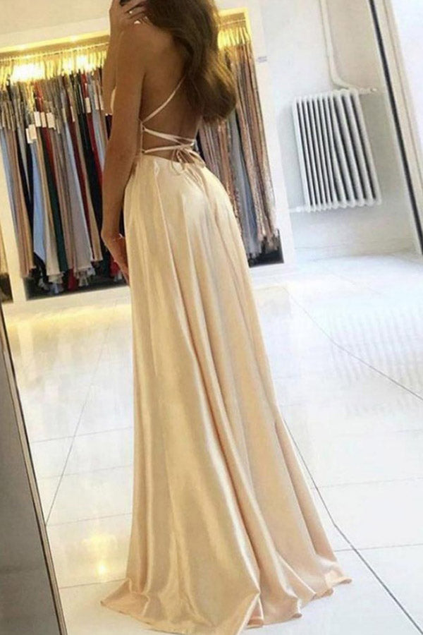 Sexy Spaghetti Straps High Slit Backless Prom Dress