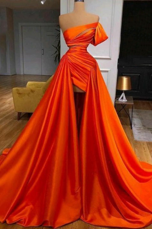 Sexy Orange Cut Out Satin Ruffled Formal Gown