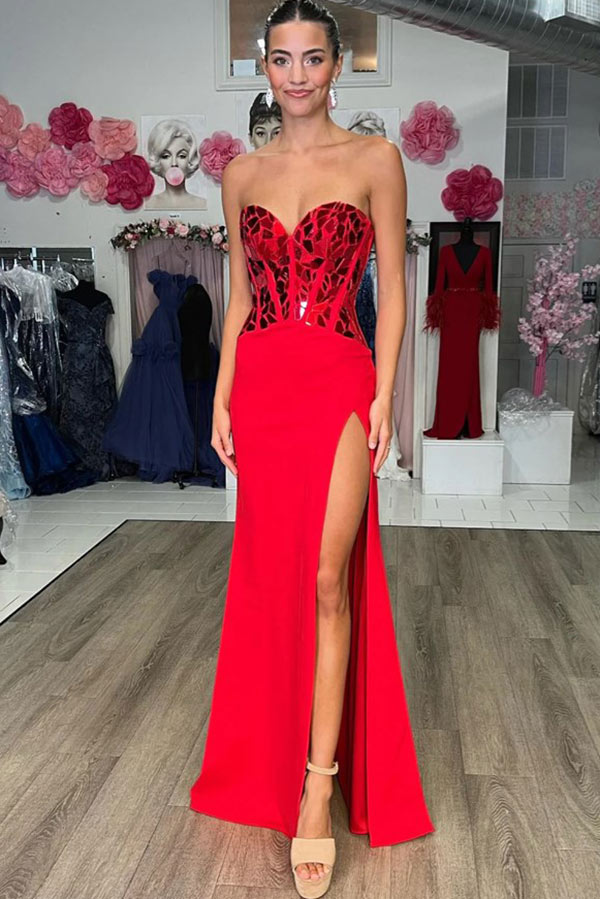 Sexy Strapless High Slit Sparkly Prom Dress