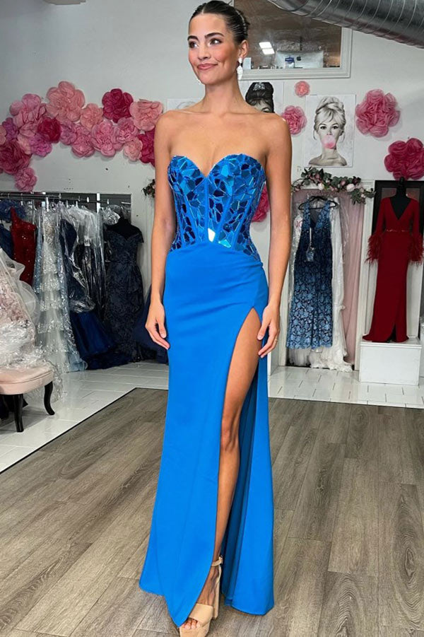 Sexy Strapless High Slit Sparkly Prom Dress