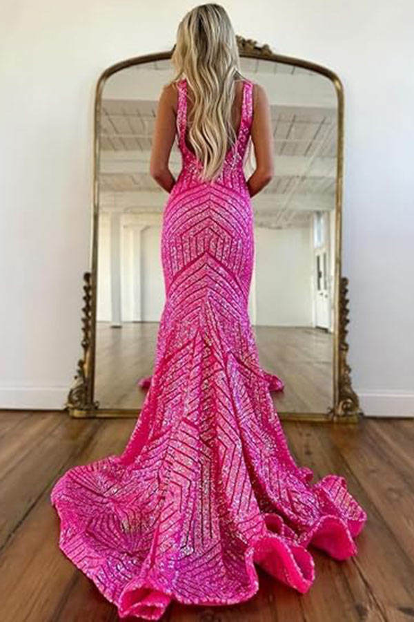 Sparkly Fuchsia Plunging Mermaid Formal Dress