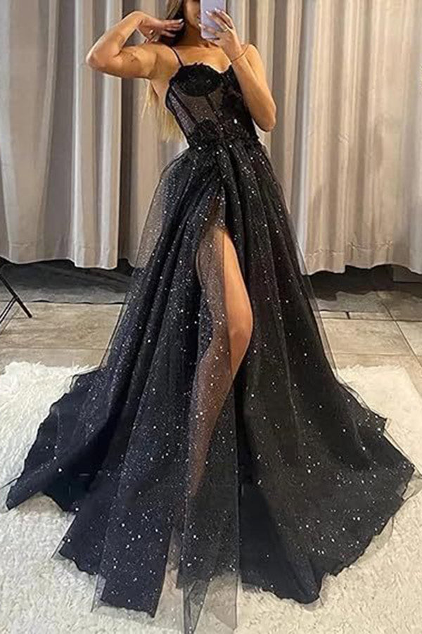 Tulle High Slit Applique Sparkly Formal Dress