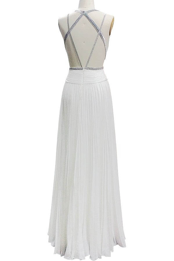 White Cut Out Pleated A-line Prom Dress Evening Gown