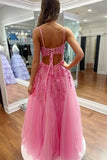 Pink High Slit Applique Lace Evening Dress Formal Gown