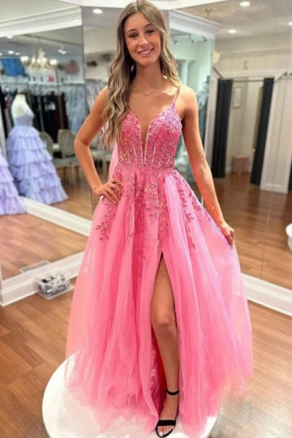 Pink High Slit Applique Lace Evening Dress Formal Gown