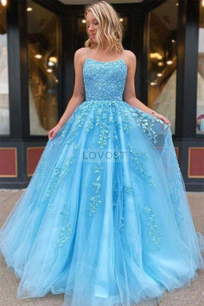 Spaghetti Straps A-line Applique Lace Prom Dress Evening Gown