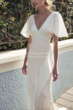 White Open Back High Low V-Neck Evening Dress With Short Sleeves Dresses