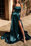 A-Line Spaghetti Straps High Slit Prom Evening Dresses