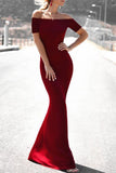 Simple Burgundy Mermaid Short Sleeves Off Shoulder Prom Dress