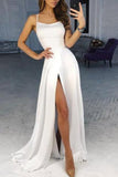 Simple White Slit Spaghetti Straps Long Prom Evening Dress