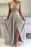 Sexy Silver A-line Halter Ruffled Slit Sleeveless Evening Prom Gown