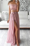 Sexy Pearl Pink Two Pieces Off Shoulder Pleated Silt Prom Dress