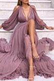 Sexy Deep V-neck Long Sleeves Slit Ruffled Prom Dress