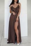 Brown Spaghetti Straps Thigh-high Slit Prom Dress