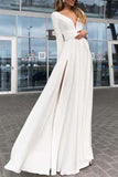 Elegant White Long Sleeves Slit V-Neck Formal Prom Dress