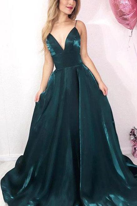 Simple Spaghetti Straps V-neck Long Evening Gown Prom Dress