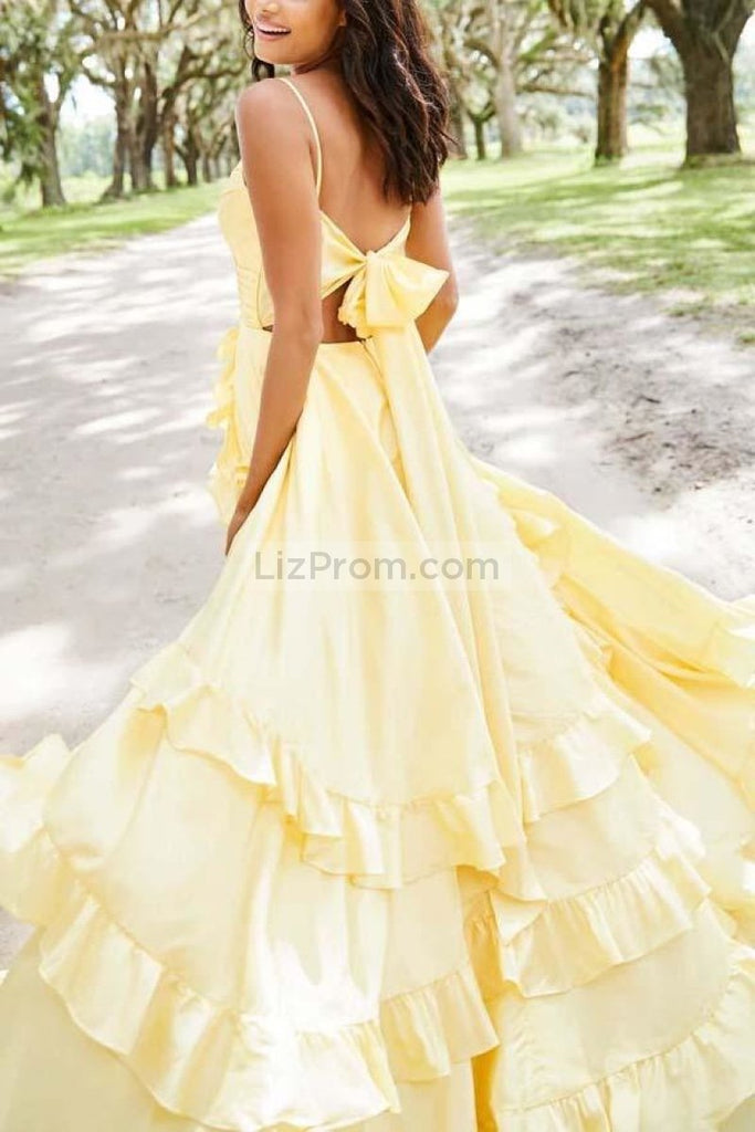 Chic Daffodil Spaghetti Straps Lace Up Ruffled Long Prom Dress Dresses