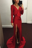 Sexy Red Long Sleeves Open Back V-Neck Slit Prom Dress