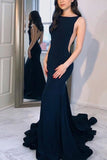 Navy Blue Mermaid Open Back Sleeveless Evening Prom Dress