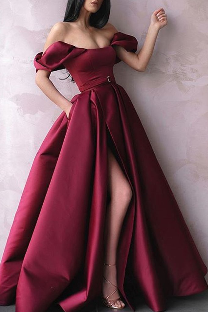 Burgundy Off Shoulder Thigh-high Slit Prom Dress with Pockets