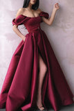 Burgundy Off Shoulder Thigh-high Slit Evening Dress with Pockets