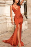 Sexy Mermaid Halter Slit Backless Sleeveless Ruffled Prom Dress