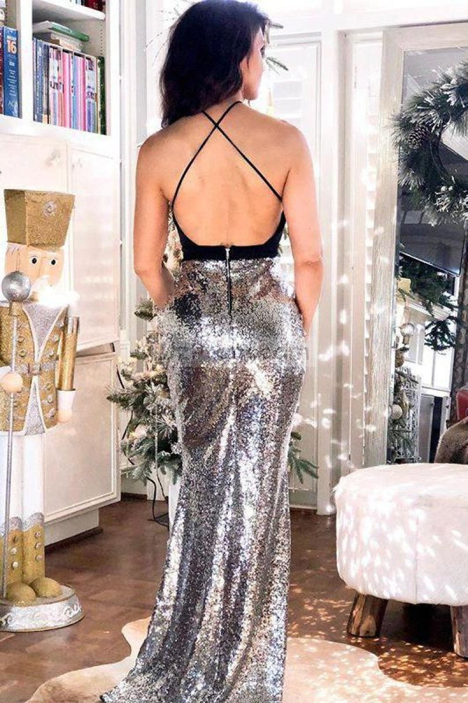 Sparkly Sequined Halter Mermaid Backless Deep V-Neck Prom Dress Dresses