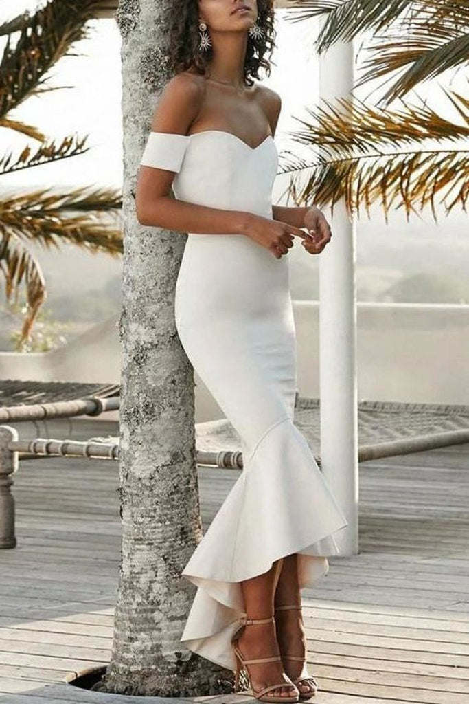 White Mermaid Ruffled Off Shoulder Sweetheart Prom Dress Dresses